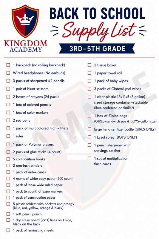 Kingdom Academy- 3rd to 5th Supply List