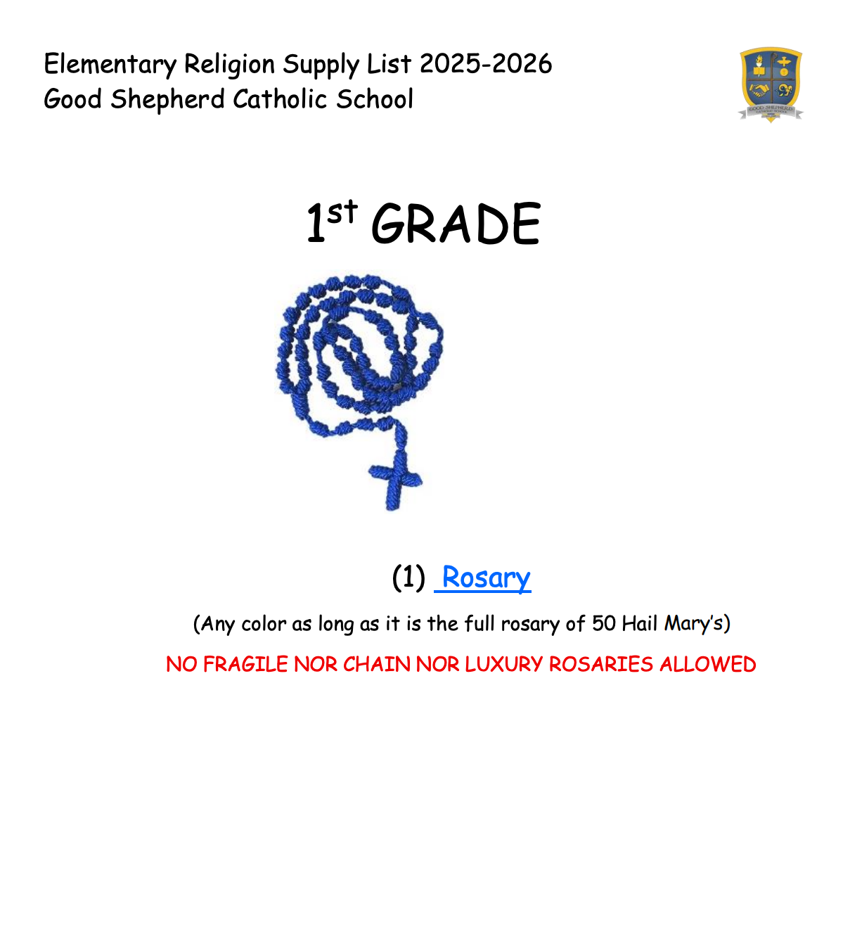 GSCS - 1st Grade Supply List
